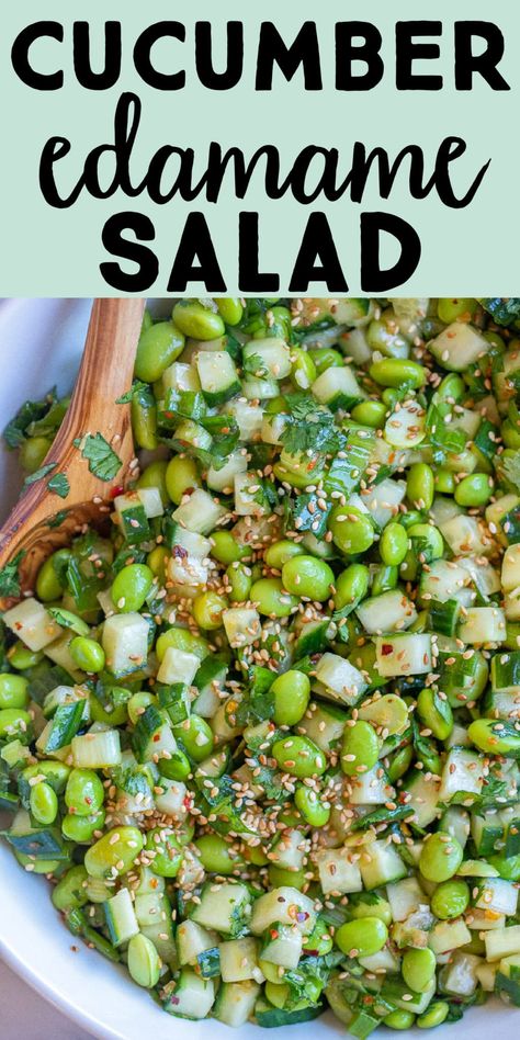 This Cucumber Edamame Salad is packed with healthy veggies, fresh herbs and protein from the edamame! It's tossed with an Asian inspired dressing with a spicy kick to it. This refreshing cucumber salad with be great for all your potluck and BBQ needs! #salad #cucumbersalad #summersidedish #edamamesalad #vegan Edamame Recipes Salad, Vegetarian Pasta Salad, Edamame Salad, Summer Salad Recipes, Clean Food, Healthy Veggies, Food Healthy, Edamame, Side Salad