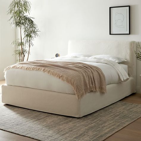 Slip Cover Bed Frame, Soft Bed Frames, Aesthetic Bedroom Bed Frames, Soft Frame Bed, Soft Bed Frame, West Elm Home, Townhouse Bedroom, Bed Slipcover, Neutral Bed