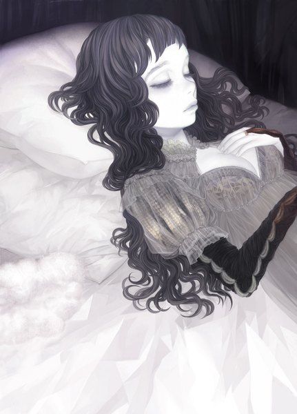 Anime picture 				1150x1600 with  		sleeping beauty 		sleeping beauty (character) 		matayoshi 		long hair 		tall image 		black hair 		eyes closed 		lying 		cleavage 		monochrome 		sleeping 		curly hair 		eyelashes 		girl 		dress 		pillow Croquis, Shock Therapy Aesthetic, Bel Art, Pretty Artwork, Dark Angels, Goth Art, Arte Obscura, Arte Inspo, Wow Art