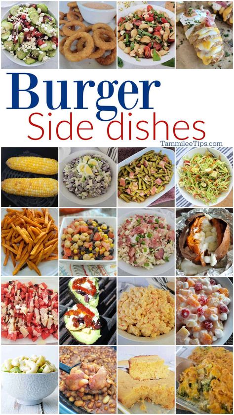 Great Burger Sides that pair perfectly with your hamburger or cheeseburger! Salads, side dishes, and more that are easy to make. Veggie Side Dishes For Burgers, Food Truck Side Dishes, Best Side Dishes For Hamburgers And Hot Dogs, Sides To Eat With Burgers, Side Dish With Sandwiches, What Goes Good With Burgers, Sides That Go With Hamburgers, Easy Burger Side Dishes, Side With Hamburgers