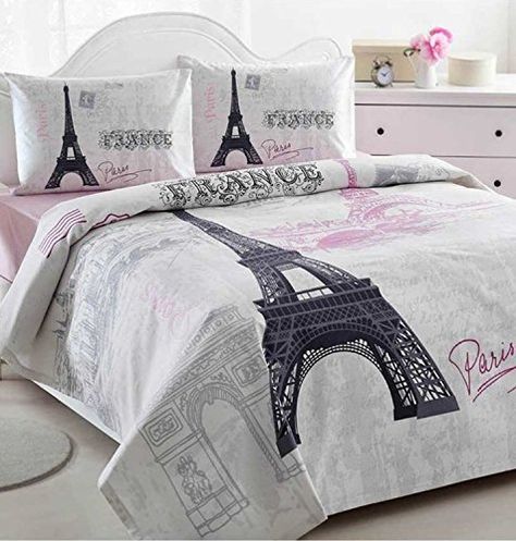 Ranforce 100% Cotton 4 Pcs Pink Cream Colors Paris Eiffel Tower Theme Themed Full Queen Size Quilt Duvet Cover Set Bedding Linens istanbulhomecollection paris series http://www.amazon.ca/dp/B018YQB0ZA/ref=cm_sw_r_pi_dp_wAPWwb0K5DSFF Paris Room Ideas, Paris Theme Bedroom, Theme Bedroom Ideas, Paris Bedding, Paris Themed Room, Summer Comforter, Paris Room Decor, Paris Themed Bedroom, Paris Decor Bedroom