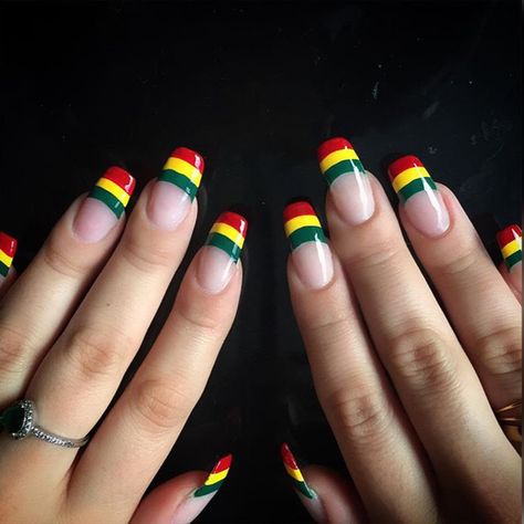 Jamaican Style Nails, Red Yellow And Green Nails, Rasta Color Nails, Red Gold And Green Nails, Bob Marley Nails Designs, Red Black Green Nails, Reggae Nails Designs, Red Yellow Green Nails, Rasta Nail Designs Reggae