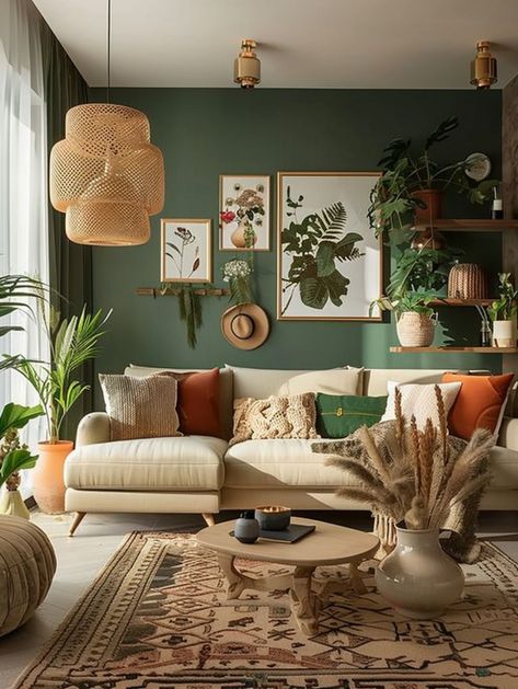 Cozy Living Rooms Boho, Pastel Green Living Room Ideas, Cozy Living Room Boho, Apartment Maximalist Decor, Minimalist Colourful Living Room, Boho Jungle Living Room, Livingroom Ideas Aesthetic, Boho Living Room Paint, Bohemian Apartment Decor Ideas