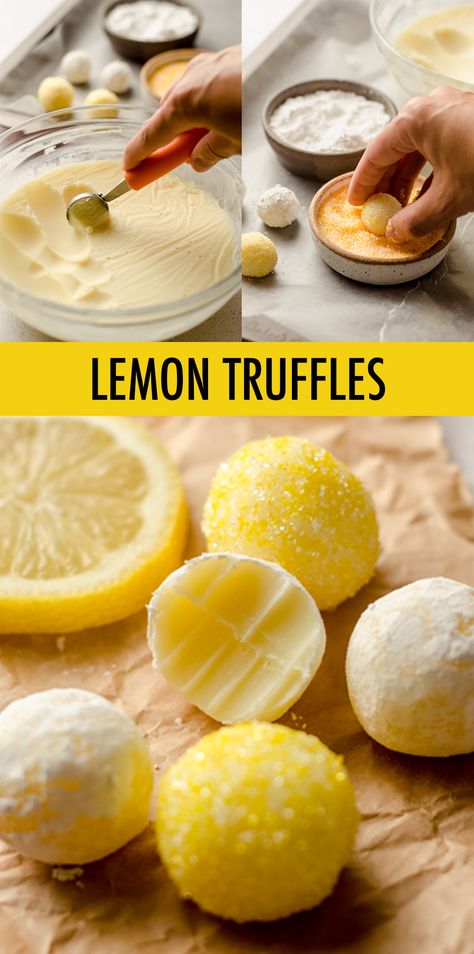 Smooth and creamy truffles full of lemon flavor and rolled in bright and sunny sprinkles. Easy to follow instructions will make you feel like a candy-making expert! via @frshaprilflours Lemon Candy Slices, Lemon Treats Easy, How To Candy Lemon Slices, Cool Looking Food, Easy Lemon Truffles, Lemon Truffles Recipe, Candied Lemons Slices, Natural Candy Recipes, Easy Yummy Dessert Recipes