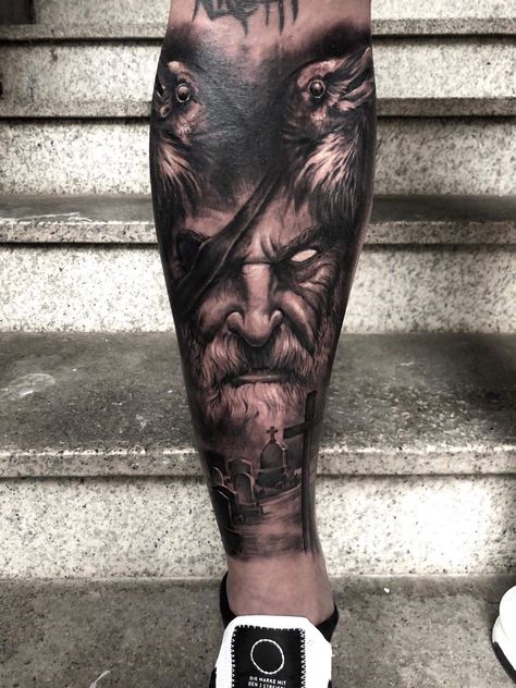 Realistic Portrait Tattoo, Calve Tattoo, Wisdom Tattoo, Odin Tattoo, Viking Tattoos For Men, Thor Tattoo, Viking Warrior Tattoos, Redemption Tattoo, Salvation Tattoo