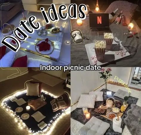 Cute Chill Date Ideas, Bf Birthday Date Ideas, Movie Day With Boyfriend, Dates Inside The House, Date Ideas For Birthday, Picnic Date Indoor, Cute Date Ideas At Home Romantic, Ideal Dates Ideas, Sleepover Date Ideas