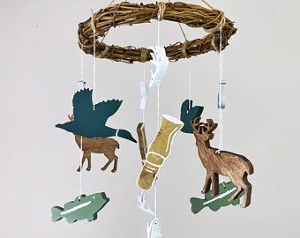 Hand made baby mobiles nursery sets and home by SeaBeeMarket Fish Nursery Theme, Boys Hunting Room, Hunting Baby Nursery, Hunting Theme Nursery, Vintage Cowboy Nursery, Fishing Nursery Theme, Fishing Baby Shower Theme, Lumberjack Nursery, Woodland Camping