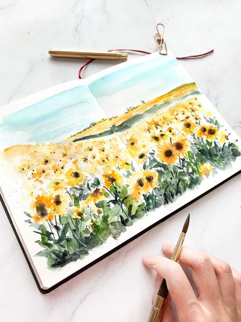 Painting Ideas Easy Aesthetic, Landscape Sketchbook, Painting Ideas Easy Simple, Sunflower Watercolor Painting, Painting Ideas On Canvas Easy, Painting Ideas Easy, Sketch Note, Sunflower Drawing, Acrylic Painting Ideas