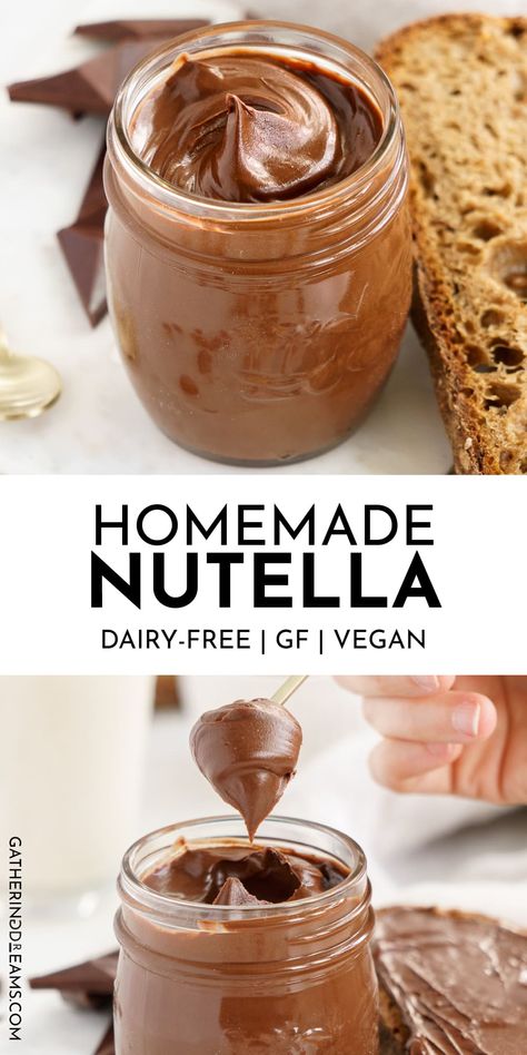 No need to buy a jar of Nutella when you can make it at home in just minutes! This recipe is vegan, easy, and healthy. Whip up a batch with simple ingredients that are probably already sitting on your shelf. Your friends will be asking for the secret ingredient after they taste this delicious spreadable chocolate hazelnut goodness! #vegan #glutenfree #dairyfee #chocolaterecipe #healthyrecipes Vegan Healthy Nutella, Healthy Vegan Nutella, Nutella Homemade Healthy, Nutella Healthy Recipes, Home Made Nutella Healthy, Homemade Healthy Nutella Recipe, Homemade Healthy Nutella, Diy Nutella Recipes, Homade Nutella