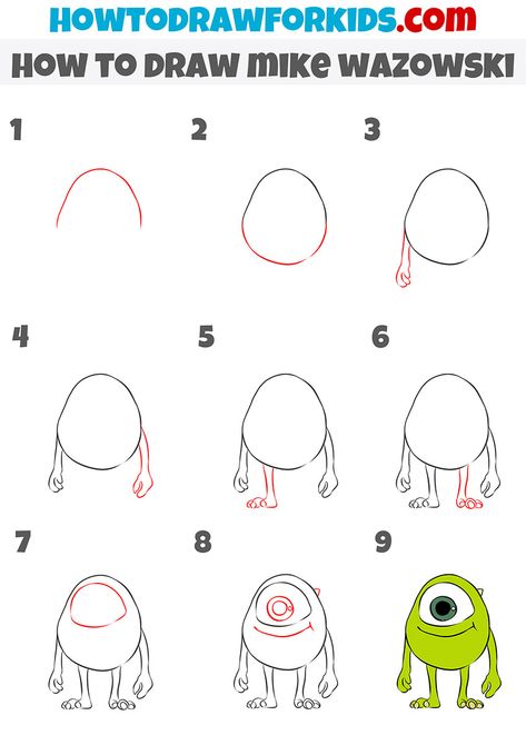 how to draw mike wazowski step by step How To Draw Monsters Inc, Mike Wazowski Drawing Easy, Drawing Easy Cartoon Characters, Easy How To Draw Disney Characters, Step By Step Disney Drawings Easy, Cartoon Art Drawing Easy Step By Step, How To Draw A Disney Character, Disney Characters Step By Step Drawings, How To Draw Wall-e Step By Step