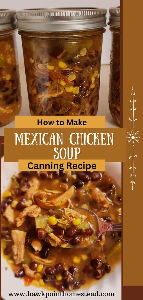 This Mexican chicken soup canning recipe is a delicious soup and a great way to have this yummy soup on your shelves to eat for any meal. Canning homemade soups saves money, but it is also healthier than buying canned soups from the grocery store, because you know what is going into your soup. No preservatives are added, you can add how much salt or no salt, plus you can season the soup to your preference. Homemade Canned Soup, Chicken Noodle Soup For Canning, Canning Taco Soup Recipe, Pressure Canning Soup Recipes, Soups For Canning, Soups To Can, Chicken Canning Recipes, Canning Soups And Stews, Canning Chicken Recipes