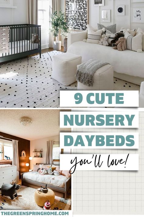 Check out these four real-life nurseries for nursery daybed layout ideas! You'll also find NINE stylish & top-rated nursery daybed ideas - with options for every budget! Nursery Queen Bed, Nursery Daybed Ideas, Daybed In Nursery Ideas, Nursery Layout With Bed, Daybed Nursery Layout, Nurseries With Daybeds, Day Bed For Nursery, Nursery With A Daybed, Nursery Room With Daybed