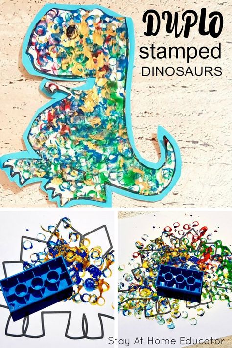 Duplo Stamped Dinosaurs, Dinosaur Preschool Sensory, Dinosaur Art Project Preschool, Dinosaur Themed Sensory Play, Counting Dinosaurs Preschool, Lego Themed Arts And Crafts, Dinosaur Preschool Science, Dinasour Learning Activities, Dinosaur Art Lesson