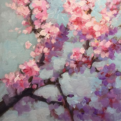 Plein air painting of the spring blossoms in Crozet, Va Blooming Cherry Trees, Cherry Blossom Aesthetic Drawing, Flower Art Painting Oil, Cherry Blossom Artwork, Cherry Blossom Oil Painting, Cherry Blossom Reference, Painting Ideas Cherry Blossom, Aesthetic Painting Flowers, Pretty Flower Paintings