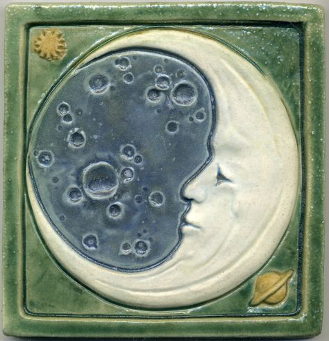 Arts And Crafts Tiles, Man In The Moon, Art Nouveau Tiles, In The Moon, Art Tile, 3d Studio, Celestial Art, Clay Tiles, Ceramics Pottery Art