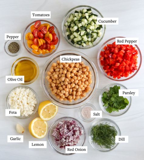 Fresh Protein Salad, Super Healthy Easy Meals, Chickpea Salad Lunch, Salad Veggies List, Easy Salad Dinner Recipes, Protein Packed Chickpea Salad, Chickpea Salad High Protein, Greek Salad Simple, Protein Chickpea Salad