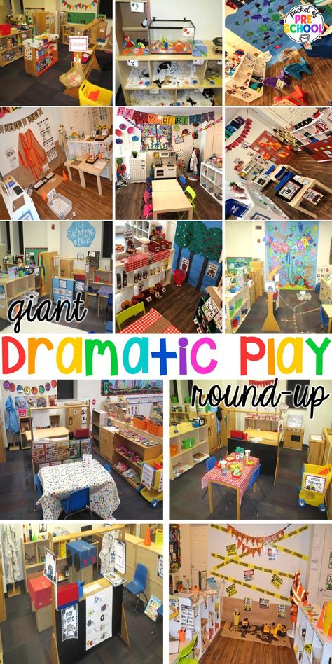 Check out this giant dramatic play round-up of my favorite pretend center ideas for preschool, pre-k, and kindergarten. Pocket Of Preschool Dramatic Play, Housekeeping Area Preschool, Dollhouse Center Preschool, Pre K Dramatic Play Center, Dramatic Play Center Kindergarten, Dramatic Play Decorating Ideas, Kindergarten Centres Ideas, Station Ideas For Preschool, Home Living Preschool Center