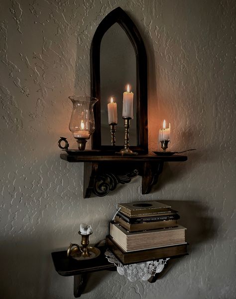 Dark Cottage Core Furniture, Vintage Gothic Wall Decor, Trinkets Home Decor, Esoteric Home Decor, Living Room Gothic Home Decor, Victorian Goth Room Aesthetic, Witch Living Room Decor, Dark Feminine Decor Aesthetic, Goth Room With White Walls