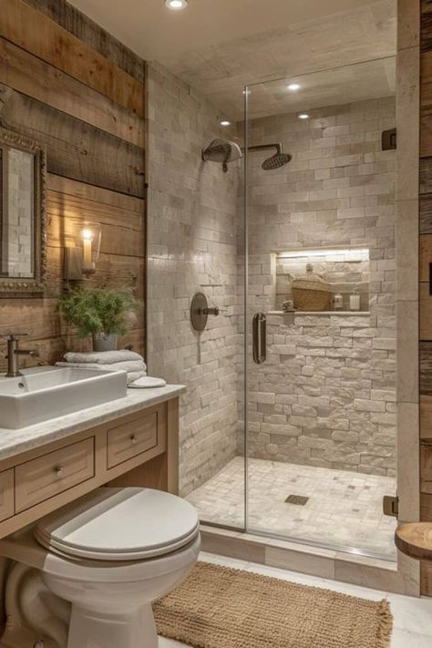 19 Walk In Shower Small Bathroom Ideas: Where Elegance Meets Efficiency | DIY Vibes Small Bathroom Tile Shower Walk In, Rustic Master Bath Shower Ideas, Shower Door Ideas Walk In, Ranch Style Bathroom Ideas, Rustic Shower Tile Ideas, Master Shower Tile Ideas, Master Showers, Rustic Walk In Shower Ideas, Basement Living Room Ideas