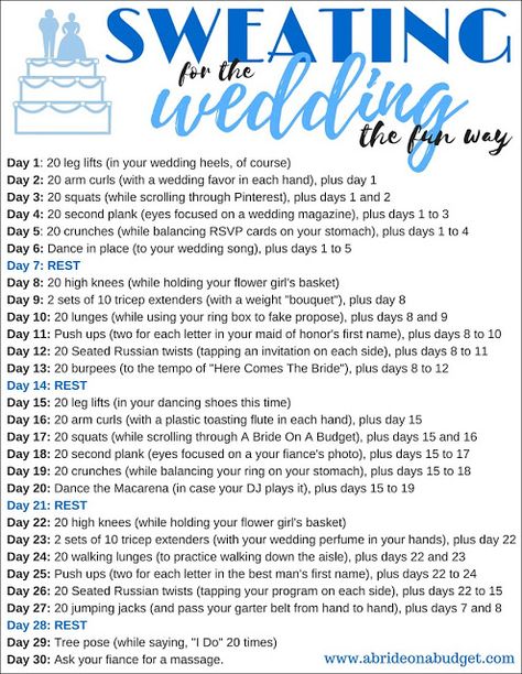 Tired of BORING 30-day workout challenges? I get it! This Sweating For The Wedding The Fun Way 30-day workout challenge from www.abrideonabudget.com is SO MUCH more fun and PERFECT for a bride-to-be. Workouts For Wedding Brides, 30 Day Wedding Workout, Get Fit For Wedding, Wedding Ready Workout Plan, Wedding Day Workout Plan, Wedding Diet 30 Day, Wedding Ready Diet, Wedding Body Workout, Bride Workout Plan