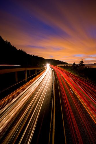 The highway shows movement. Because the road has action on it, with the moving cars and the lights it was taken sped up. Your eyes follow the picture into the distance. Motion Photography, Light Trail Photography, Movement Photography, Shutter Speed Photography, Blur Photography, Action Photography, Long Exposure Photography, Time Photography, Light Trails