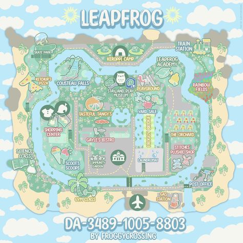 Kawaii, Kidcore Island, Island Theme, Animal Crossing Wild World, Tropical Animals, Island Map, Frog Design, Leap Frog, New Animal Crossing