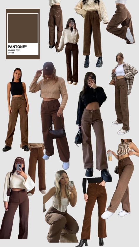 #brownoutfit #brownaesthetic #browndenim Outfit With Brown Pants Womens, What To Wear With Brown Trousers, Brown Jeans Style, Outfits With Brown Pants Aesthetic, Style With Brown Pants, Brown Cargo Trousers Outfit, Outfit With Brown Trousers, How To Style Brown Cargo Pants Women, Jeans Combinations Women