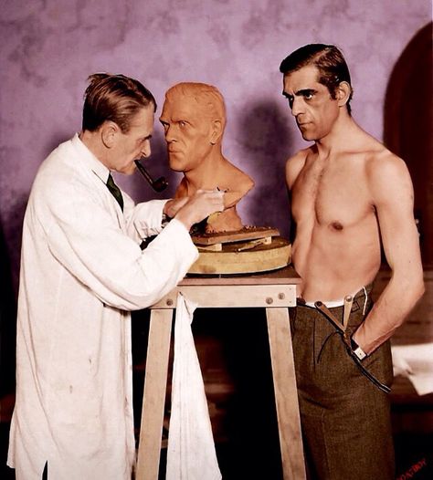 Boris Karloff posing for sculptor/actor Ivan Simpson Boris Karloff Frankenstein, Hammer Horror Films, Boris Karloff, Scifi Fantasy Art, Horror Lovers, Hooray For Hollywood, Universal Monsters, Classic Monsters, The Uncanny