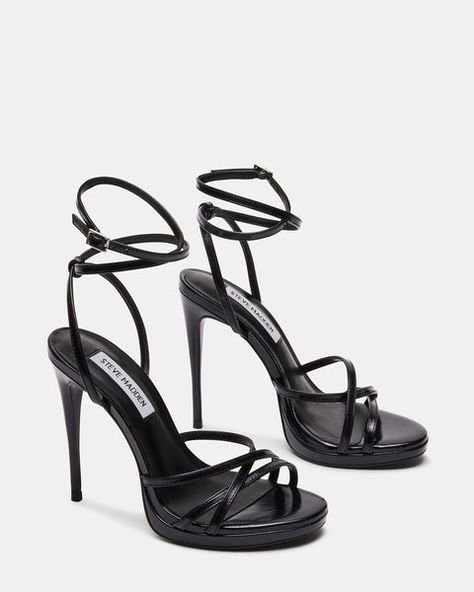 JAYLA Black Leather Strappy Stiletto Heel | Women's Heels – Steve Madden Trendy Black Heels, Black Heels Prom, Black Leather Fashion, Prom Shoes Black, Club Heels, Black Lace Heels, High Heels For Prom, Estilo Dark, Strapy Heels