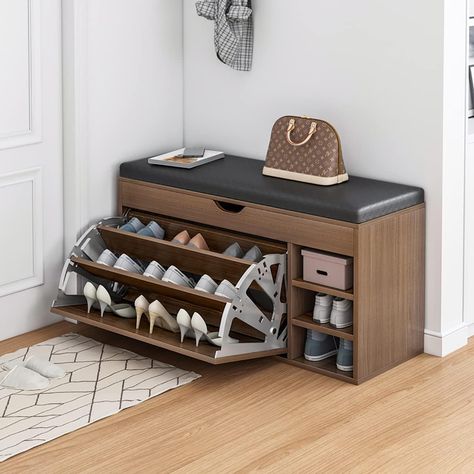 PRICES MAY VARY. Entryway Bench With Shoe Storage:Exquisite storage appearance,not unsightly wire rack device,can perfectly protect your privacy,and there are soft cushions at the top to provide convenience when you wear shoes and avoid falling. Adequate Use Of Space:The shoe cabinet uses a rotating shoe rack inside to maximize the use of every space,there are two layers,each layer can be placed 3-4 pairs of shoes,the perfect solution to your needs.The right side is also equipped with 3 skeleton Shoe Rack Hallway, Shoe Cabinet Design, Shoe Cupboard, Shoe Rack Entryway, Shoe Rack Bench, Entryway Shoe Storage, Shoe Storage Rack, Entryway Shoe, Shoe Bench