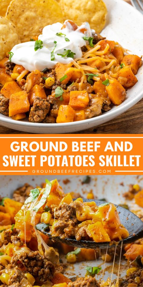 A one-pan ground beef and sweet potatoes! This main course recipe will become one of your favorites. Full of Tex-Mex flavors while being healthy and packed with nutrients, this simple skillet meal is a winner! Put this easy family dinner on your rotation! Dinner Recipes For Two Ground Beef, Ground Beef Sweet Potato Crockpot Recipes, Healthy Recipes With High Protein, Essen, Cooked Ground Beef Recipes Easy Dinners, Easy Healthy Meals Beef, Hamburger And Sweet Potato, Healthy Family Casseroles Dinners, Easy Healthy Meals Family