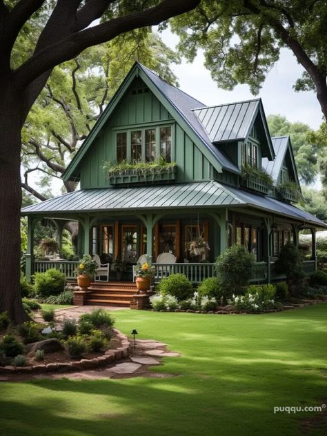 Elevate Your Home Style: Transformative Green Farmhouse Exterior Ideas - Puqqu Dark Green Farmhouse Exterior, Light Green Exterior House Colors, Green Farmhouse Exterior, Farmhouse Exterior Ideas, Green Exterior House Colors, Green House Exterior, Green Siding, Green Farmhouse, Paint House