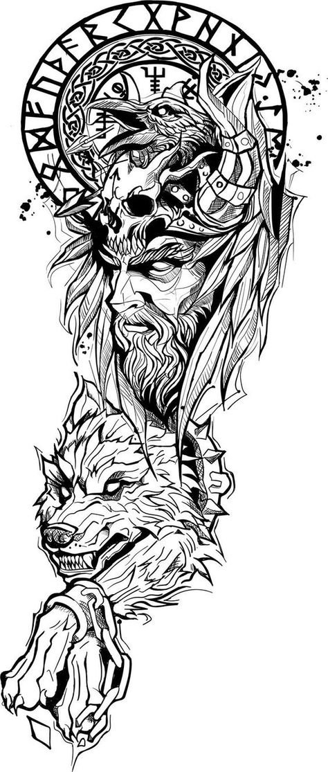 Pin de Marcos Lima em Meus Desenhos | Caligrafia para tatuagem, Tatuagem viking Viking Tattoos Wolf, Viking Knotwork Pattern, Samurai Demon Tattoo, Tyr Tattoo Norse Mythology, Realism Tattoo Sleeve For Men, Skoll Hati Tattoo, Cool Leg Tattoos For Guys, Tattoos Realism, Valhalla Tattoo