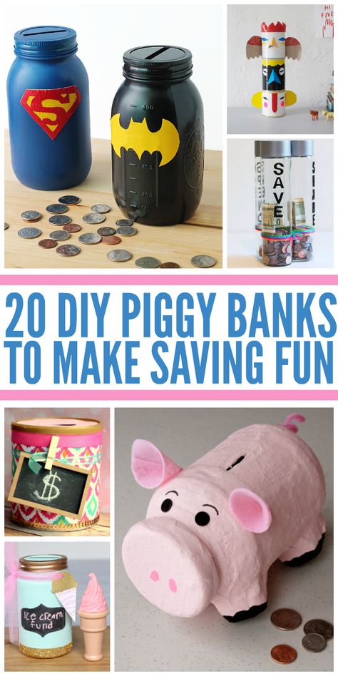 Lots of great ideas to make your own DIY piggy bank. Many from recycled materials! Coffee Can Piggy Bank, Homemade Piggy Banks, Piggy Bank Design, Diy Coin Bank, Diy Piggy Bank, Piggy Bank Craft, Piggy Bank Diy, Diy Bank, Basket Gifts