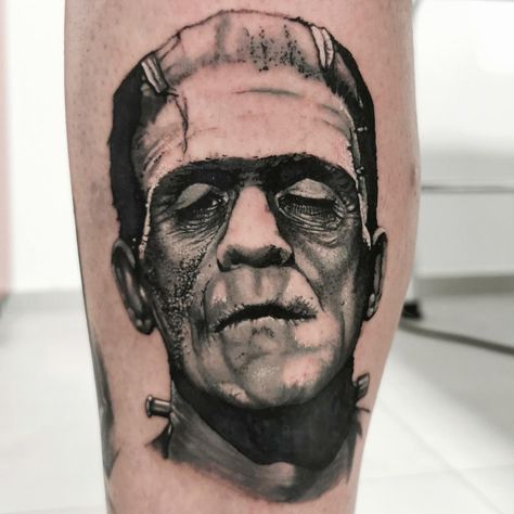 Frankenstein tattoo Horror Movie Sleeve Tattoos For Women, Frankenstein Leg Tattoo, Croquis, The Bride Of Frankenstein Tattoo, Black And White Horror Tattoos, Frankenstein Monster Tattoo, American Traditional Frankenstein Tattoo, Frankensteins Monster Tattoo, Horror Calf Tattoo