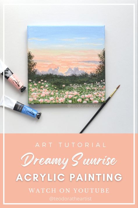 Flower Field Aesthetic Painting, Sunset Diy Canvas Painting, Aesthetic Paintings To Paint, 15 X 15 Canvas Painting Ideas, Flower Fields Painting Easy, Acrylic Painting Romantic, Small Canvas Art Scenery, Spring Flower Painting On Canvas, Countryside Acrylic Painting