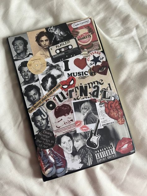 journal diary pictures ‼️ How To Make Diary Cover Aesthetic, Photo Diary Ideas Creative, Diary Pictures Journal Ideas, Journal Project Ideas, Black Diary Cover Ideas, Journaling Book Cover, Songbook Aesthetic, Decorating My Journal Cover, Journaling Front Page