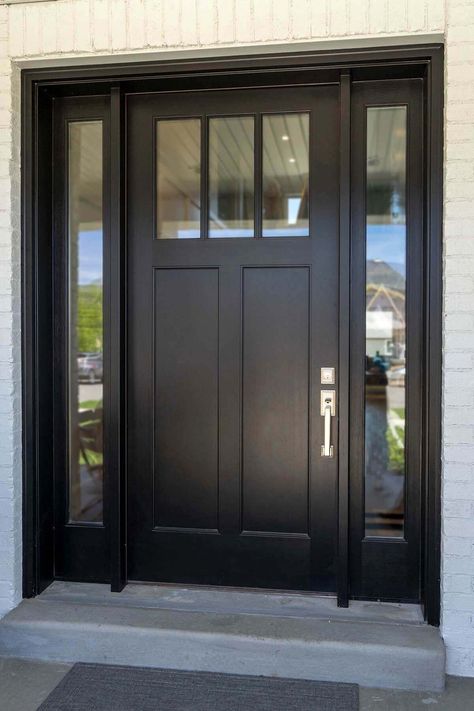 Black Exterior Door With Sidelights, Front Door With One Sidelight Entrance, Black Steel Doors Exterior, Exterior Modern Doors, Entry Doors Design, Black Outdoor Door, Black Entry Doors With Sidelights, Black Double Entry Doors, Windows Next To Front Door