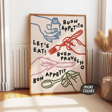 Buon Appetito Print, Bon Appetit Poster, Lets Eat Print, Modern Kitchen Print, Kitchen Sayings, Trendy Dining Room Wall Art - Etsy.de 3 Panel Wall Art Kitchen, Dining Room Wall Prints, College Dining Room Decor, Kitchen Words Decor, Wall Decor Above Kitchen Sink, Fun Kitchen Art, Dining Room Prints, Dining Area Art, Wall Art Dining Room Ideas