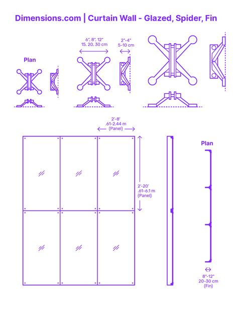 A spider fin glazed curtain wall is a sophisticated façade system that marries aesthetics with engineering prowess. At its core, the system utilizes spider fittings, sleek point-fixed connectors, to anchor large glass panes. Instead of traditional mullions, vertical glass fins provide the necessary structural support. Downloads online #facade #windows #curtainwall #construction #buildings #walls Glass Wall Design Exterior Building, Spider System Curtain Wall, Glass Curtain Wall Detail, Glass Facade Detail, Glass Facade Design, Curtain Wall Design, Skylight Detail, Glass Wall Design, Facade Detail