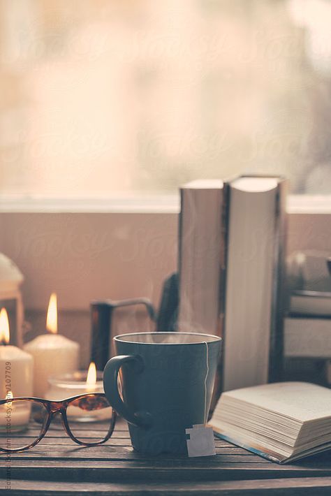 Still life of used books, tea, glasses and candles on a wood table.  by BONNINSTUDIO | Stocksy United Books And Tea, Tea And Books, Tea Glasses, Foto Tips, Coffee And Books, Jolie Photo, Alam Semula Jadi, Used Books, I Love Books