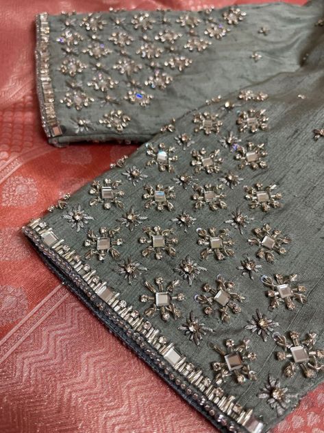 Grey Colour Blouse Maggam Work, Silver Zari Work Blouse, Zardozi Work Blouse, Latest Blouse Neck Designs, Mirror Work Blouse Design, Mirror Work Blouse, Aari Blouse, Grey Saree, Zardozi Work