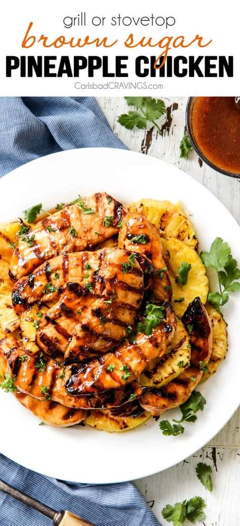 Brown Sugar Pineapple Chicken, Brown Sugar Pineapple, Grilled Pineapple Chicken, Grill Dessert, Pineapple Chicken Recipes, Chicken Baked, Carlsbad Cravings, Pineapple Recipes, Pineapple Chicken