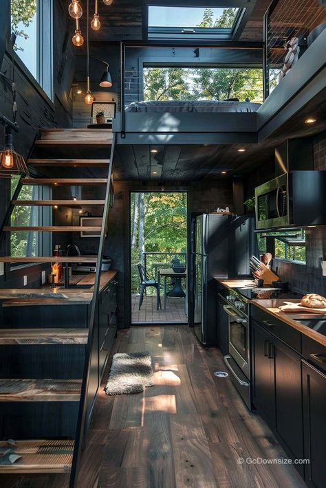 Industrial Galley Kitchen, Tiny House Design With Loft, Tiny Industrial Kitchen, Loft Style Tiny House, Tiny House Black Interior, Tiny House Without Loft, Loft In House, Mezannine Loft Interior Design, Cute Loft Apartment