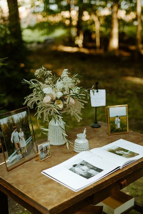 Wedding Inspo Centerpiece Ideas, Guest Book Welcome Table, Sign In Table Wedding Ideas, Welcome Wedding Sign With Photo, Boho Guest Sign In Table, Entry Table Wedding Decor, Wedding Favor Table Ideas, Picture Table At Wedding, Table Bouquet Wedding