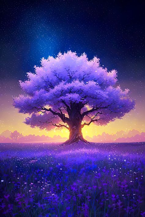 Step into the enchanting evening scenery of a charming tree standing proudly in the middle of a breathtaking purple meadow in a captivating digital artwork. As the sun gently sets, casting its warm golden glow, the tree becomes a focal point of beauty and serenity. The vibrant hues of the meadow create a stunning backdrop, creating a tranquil and mesmerizing atmosphere. Immerse yourself in the calming ambiance of this scene, where nature's grace unfolds in the embrace of the evening. Purple Tree Wallpaper, Evening Scenery, Glowing Tree, Beautiful Scenery Paintings, Sun Artwork, Purple Landscape, Castle Background, Lilac Tree, Purple Tree