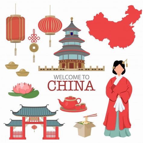 Happy China, Chinese Icon, Chinese Buildings, Travel Doodles, Holiday China, Chinese Illustration, Chinese Crafts, China Culture, China Flag