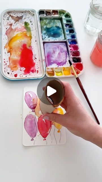 Watercolour Cards Ideas, Easy Watercolor Birthday Cards, Watercolor Card Ideas, Diy Watercolor Cards, Birthday Card Idea, Watercolor Abstract Painting, Balloon Card, Paintings Easy, Birthday Painting