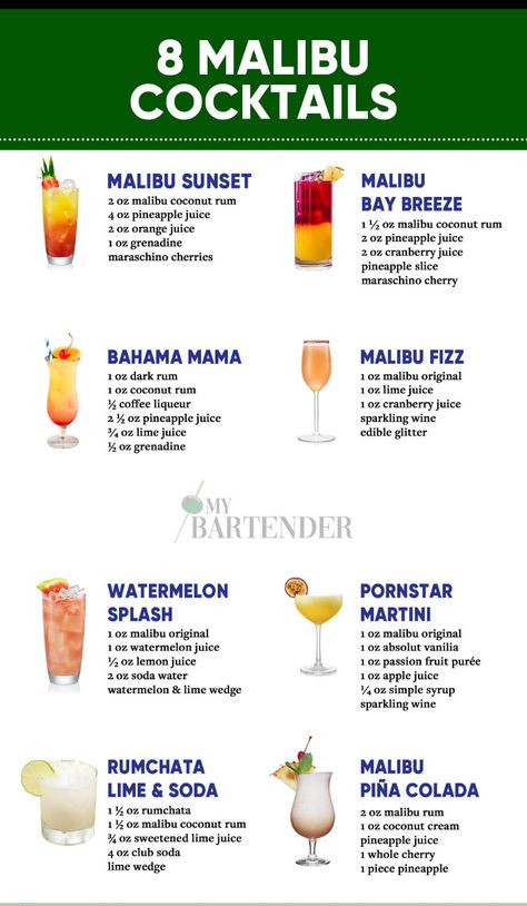 Malibu And Vodka Drinks, Trending Alcohol Drinks, Different Drinks Cocktails, Cocktails For Wedding Bar Ideas, Beginner Bartender Drinks, Easy Bar Drinks To Order, Classy Drinks To Order At Bar, Alcoholic Drinks Fruity, Mixed Summer Alcohol Drinks