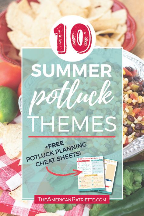 Fun Summer Potluck Theme Ideas with free planning cheat sheets - get great inspiration for planning and hosting a fun potluck meal or casual dinner party! #dinnerparty #potluckthemes #potlucks #potluckideas #easyentertaining Office Potluck Themes, Work Potluck Themes, Potluck Theme Ideas, Potluck Lunch Ideas, Casual Summer Dinner, Cookout Theme, Potluck Themes, Summer Dinner Parties, Casual Dinner Party